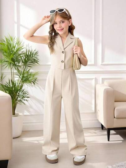 SHEIN 2 adet/takım Tween Kız Düz Renk Yaka Tek Düğmeli Yelek Ve Pantolon