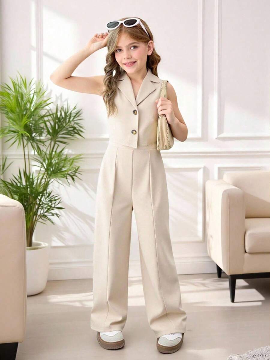 SHEIN 2 件套 女童纯色翻领单排扣背心和裤子