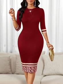 SHEIN Lady 春夏优雅通勤办公彩色针织圆领铅笔裙中长七分袖连衣裙商务休闲女装 - 酒紅色 - 查看 3