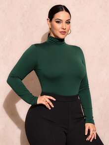 SHEIN SXY Plus Size Women's Autumn Teal Blue Slim High Collar Long Sleeve All-Match T-Shirt Basic T-Shirt Dark Green Tops Green Long Sleeve Top