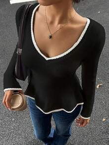 Sunnyshic Sexy Fitted Fashionable Women Contrast Trim V-Neck Casual Long Sleeve Pullover Sweater Top - Black and White - View 6