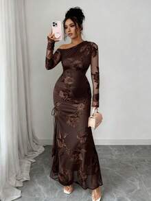 Rafferiza Jacquard Mesh Asymmetric Slit Dress For Women - Coffee - View 4