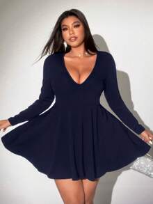 Viva Relle Plus Size Women's Sexy Deep V-Neck Hollow Out Loose A-Line Long Sleeve Solid Color Fashionable Versatile Mini Dress - Navy Blue - View 2
