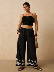 Freevana Plus Size Women Elastic Waist Floral Print Wide Leg Loose Casual Pants Vacation Outfits Women Tropical Vacation Outfits Beach Fashion Plus Size Resort Wear Bohemian Bohostyle Boho Fits  Black Pant - Black - View 4