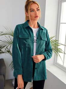 SHEIN LUNE Pocket Front Cord Shirt,Long Sleeve Tops,Casual - Teal Blue - View 5