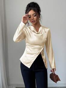 SHEIN LUNE 女士优雅纯色翻领缎面纽扣衬衫 - 香檳色 - 查看 5