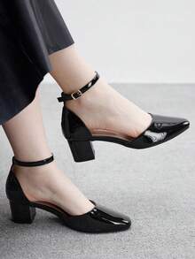 CUCCOO BIZCHIC 2025新款方头粗跟镂空闭趾凉鞋，时尚漆皮设计，简约百搭时尚高跟鞋 - 黑色 - 查看 1