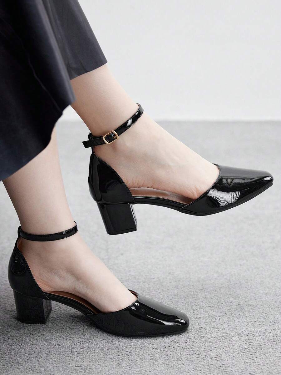 CUCCOO BIZCHIC 2025新款方头粗跟镂空闭趾凉鞋，时尚漆皮设计，简约百搭时尚高跟鞋 - 黑色 - 查看 1