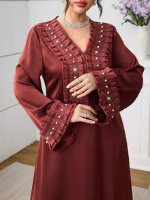 SHEIN Najma V领褶皱荷叶边长袖连衣裙，土耳其和阿拉伯传统风格 - 鏽棕色 - 查看 1