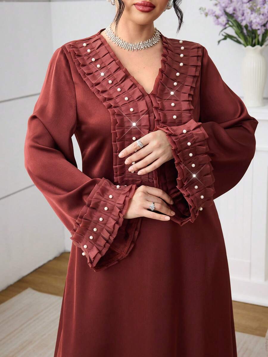 SHEIN Najma V领褶皱荷叶边长袖连衣裙，土耳其和阿拉伯传统风格 - 鏽棕色 - 查看 1