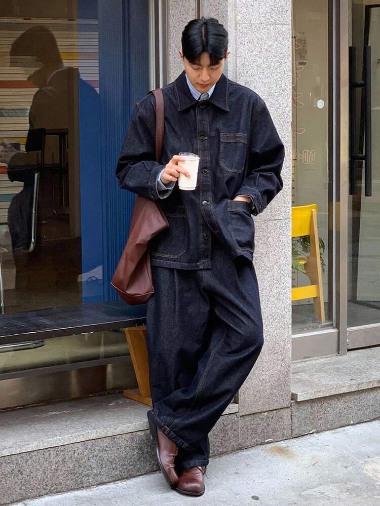 Men's Solid Color Raw Navy Blue Denim Jacket Set, Autumn