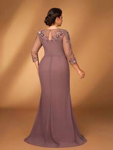 Serin 大码女士优雅灰粉色雪纺圆领薄纱长袖褶皱亮片贴花装饰美人鱼裙摆连衣裙，适合新娘/新郎母亲出席婚礼、正式活动、派对等场合。 - 藕粉色 - 查看 3