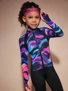 SHEIN Young Girls Printed Sports Jacket, Vibrant Multi-Color Knit Pattern Long Sleeve High-Elastic Gym Top, Fashionable Autumn Outdoor Activewear Coat - Multicolor - View 4