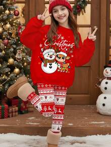 SHEIN Leap Crew Kids 2pcs Tween Girls Christmas Reindeer & Snowman Pattern Winter Sweatshirt And Leggings Set,Red Autumn Casual Matching Family Festive Clothes - Multicolor - View 1