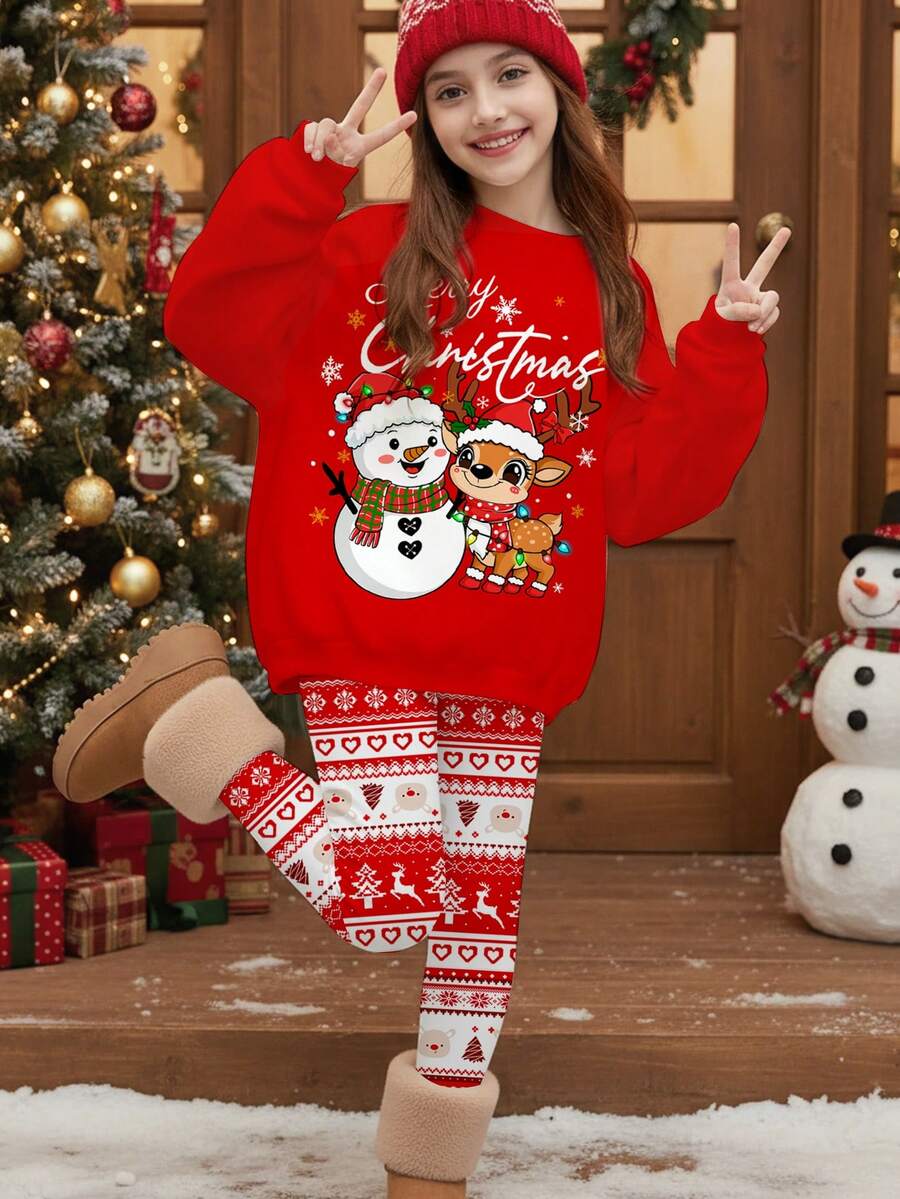 SHEIN Leap Crew Kids 2pcs Tween Girls Christmas Reindeer & Snowman Pattern Winter Sweatshirt And Leggings Set,Red Autumn Casual Matching Family Festive Clothes - Multicolor - View 1