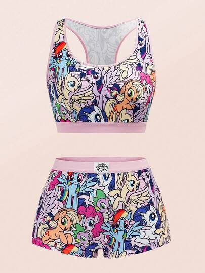 My Little Pony X SHEIN Cartoon-Grafik Kontrastbindung Rückenfrei Lingerie Set für Frauen