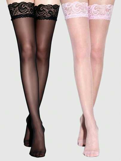 ROMWE Anime 2 Pairs Of Cute Style Wide-Brimmed Lace Knee Socks, Sexy Black And Pink College Socks, Ultra-Thin Elastic Meat-Permeable Stockings