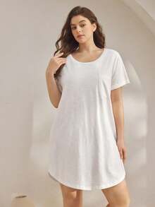 Ocili Soft Cotton Simple T-Shirt Dress, Comfortable Sleepwear, Plus Size - White - View 6