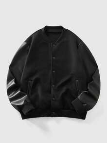 ROMWE MEN Street Life Men's PU Leather Patchwork Long Sleeve Single-Breasted Casual Baseball Jacket - Multicolor - View 1