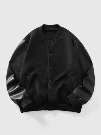Street Life Veste de baseball décontractée à manches longues en PU patchwork à simple boutonnage pour hommes