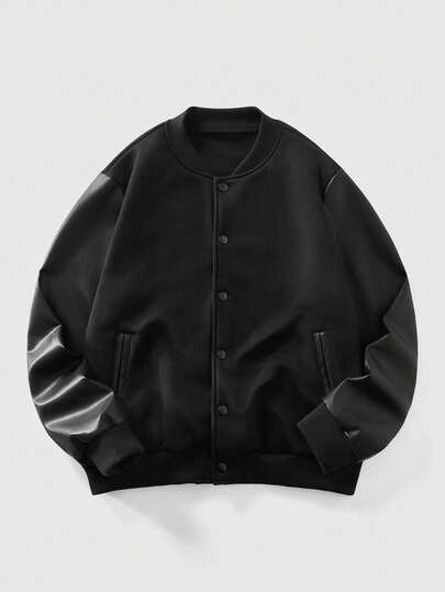 ROMWE MEN Street Life Men's PU Leather Patchwork Long Sleeve Single-Breasted Casual Baseball Jacket