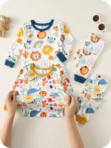 SHEIN 4pcs/Set Baby Boy Cute Casual Cartoon Pattern Colorblock Knit Long Sleeve Pajama Set, Basic Multi-Pack - Multicolor - View 5