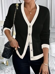 SHEIN Clasi 女士冬季经典黑白拼色优雅仿珍珠纽扣装饰 V 领修身开衫，适合工作、购物、度假、早午餐、约会和派对。Coco 风格返校活动 - 黑色 - 查看 7