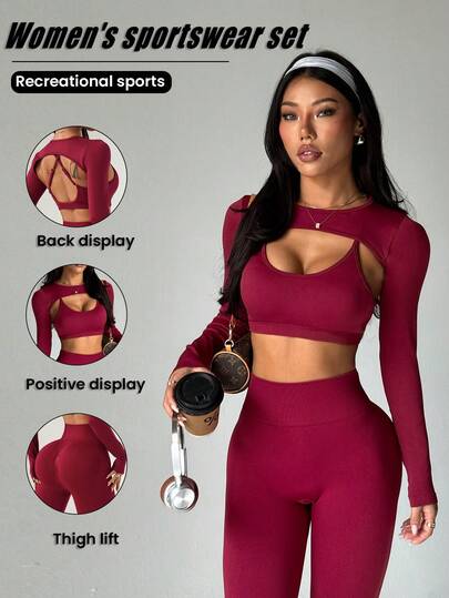 Dewbera 3-Piece Set Women's Fashion Casual Sports Cross Back Design Tights And Leggings Sportswear Set Burgundy Fitness Set Burgundy Yoga Set Seamless Set, Solid Color Ultra-High-Navel Top Fitted Long Sleeves And Adjustable Straps Padded Cup Sports Bra And High-Waisted Tummy Control Fitness Leggings Seamless Workout Set