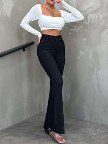 SHEIN Tall Casual Washed High Waist Slim Fit Flare Jeans - Dark Grey - View 5