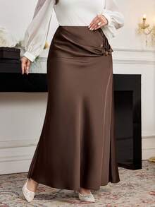 Modelyn 大码女式纯色休闲百搭A字裙 - 棕色 - 查看 4