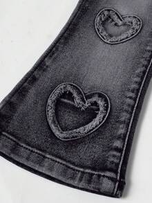 SHEIN Baby Girls' Frayed Heart Denim Jeggings, Blue - Black - View 4