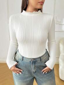 Solflare Camiseta de manga larga con cuello alto blanca versátil y casual para mujer de talla grande