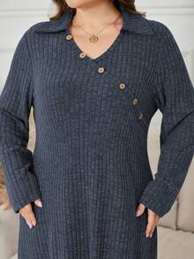 Lacomfia Elegant Casual Plus Size Women  Style Collared Button Design Long Sleeve Dress - Blue - View 6