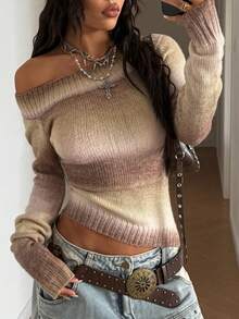 StreetHx 女式渐变色街头风宽松露肩套头毛衣，秋冬 - 彩色 - 查看 1