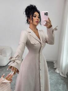 Elenzga New Women's Blazer Collar Long Sleeve Bow Decor Faux Pocket Open Front A-Line Maxi Dress, Versatile For Vacation, Commute, Daily Wear, Autumn/Winter, Youthful & Elegant - Multicolor - View 3