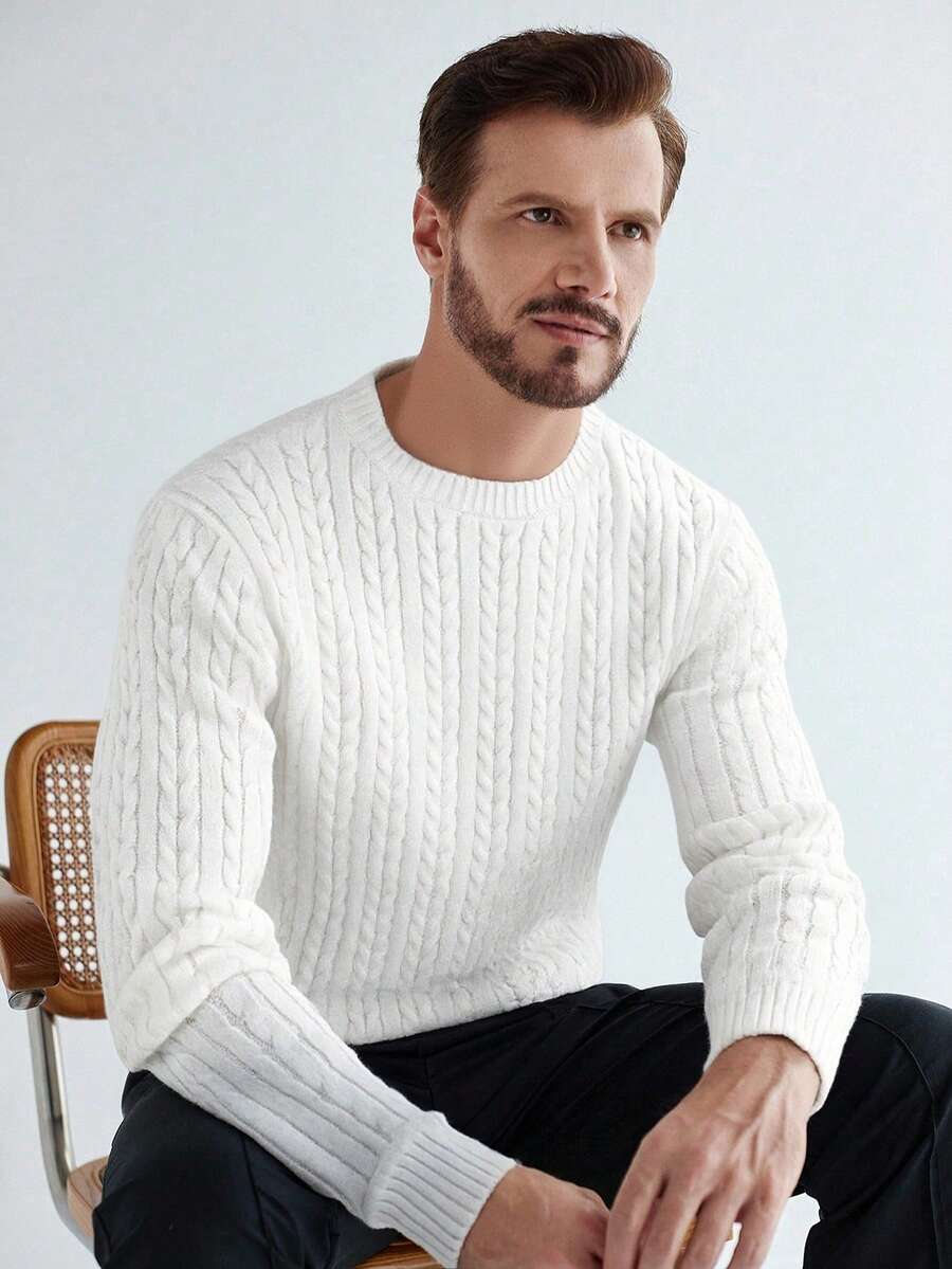 Manfinity CityGents 欧美风博主时尚3D扭绳纹理纯色休闲修身圆领套头长袖毛衣针织衫男士套头衫羊绒针织衫 - 白色 - 查看 1