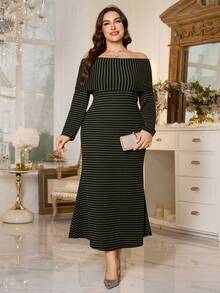 Modelyn Plus Size Striped Knit Off Shoulder Casual Comfortable Dress - Multicolor - View 4