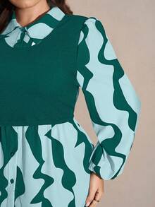 SHEIN LUNE Plus Size Women Printed 2 In 1 Long Sleeve Button Design Casual Top - Teal Blue - View 2