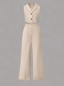 SHEIN 2 件套 女童纯色翻领单排扣背心和裤子 - 杏色 - 查看 4