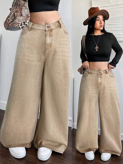 Dripcurv Plus Size Casual Loose Straight Leg Khaki Jeans Fall And Winter Denim Jeans Halloween Outfits Wide Leg Jeans Solid Retro Washed Vintage Denim
