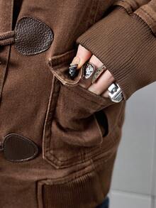 ROMWE Avant 复古牛仔风仿牛角纽扣毛边下摆连帽牛仔夹克（女款） - 棕色 - 查看 8