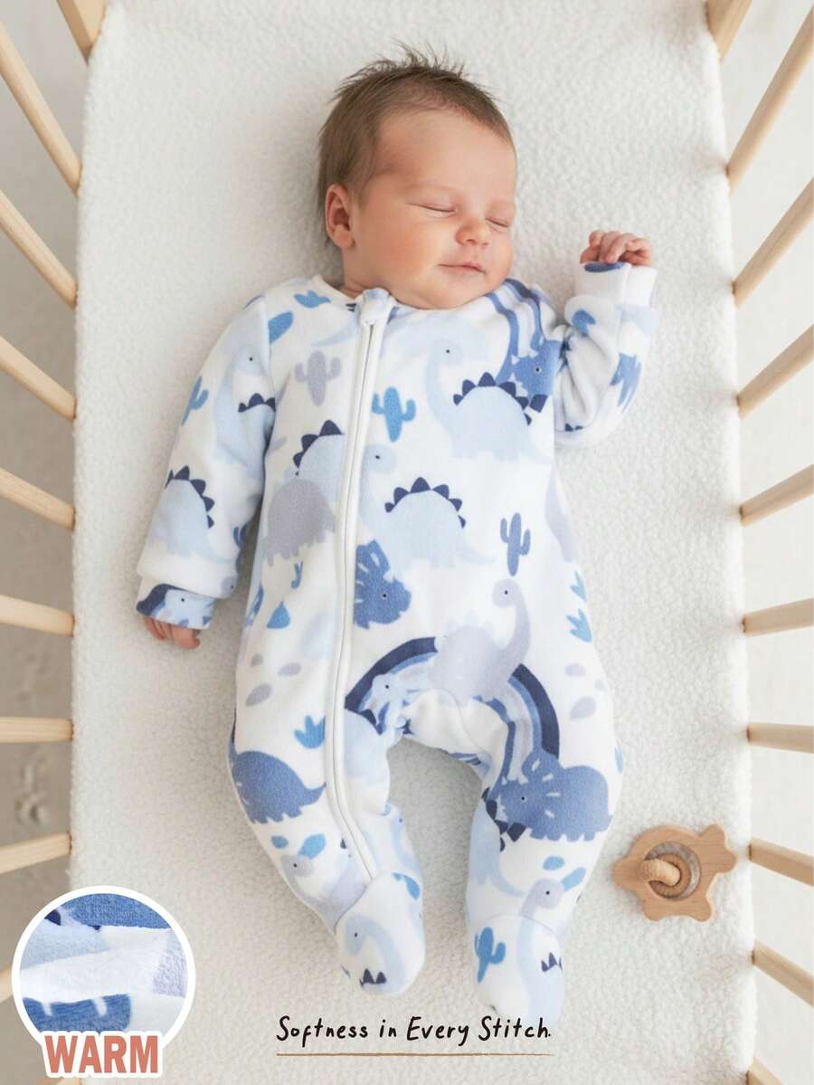 Cozy Pixies 新生兒嬰兒女童男童藍白條紋冬季可愛恐龍連身衣,保暖內裡連帽拉鍊,卡通動物軟針織套裝 - 藍色 - 查看 1