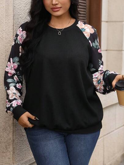 EMERY ROSE Plus Size Women's New Elegant Casual Floral Patchwork Textured Fabric Raglan Sleeve Pullover Sweatshirt