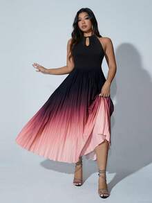 Viva Relle Plus Size Women Elegant Ombre Halter Neck Pleated Dress - Black - View 6