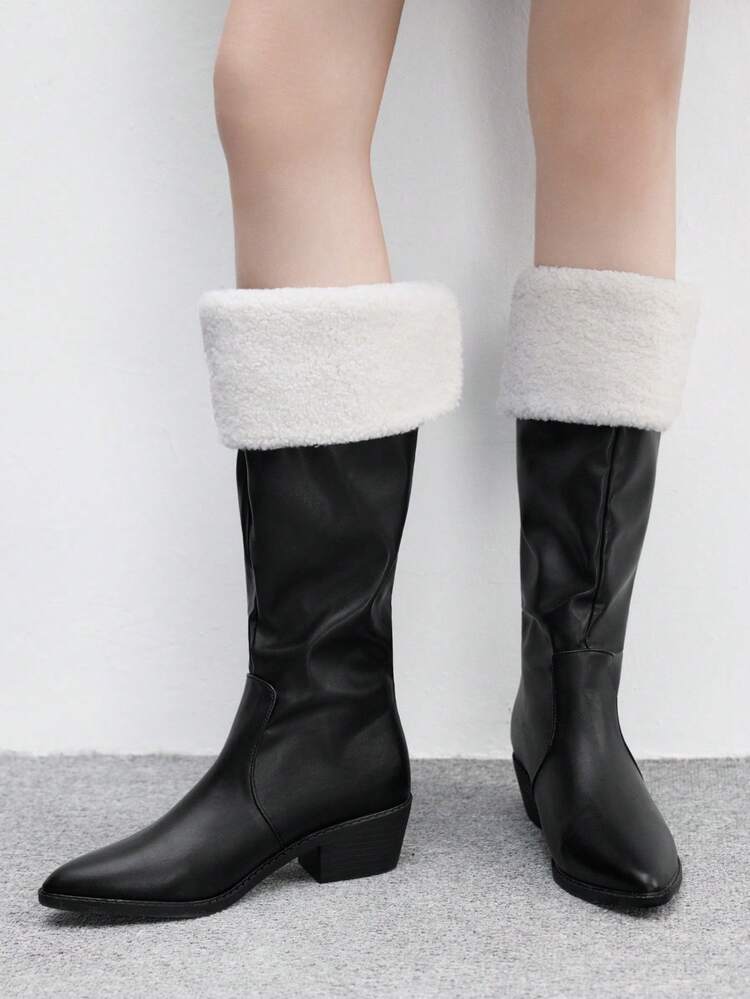CUCCOO BIZCHIC Women's Faux Leather Pointed Toe Chunky Heel Mid-Calf Boots, Fuzzy Trim Design, Fashion Versatile Black Boots For Daily, Commute, Shopping, Afternoon Tea, Christmas, Halloween