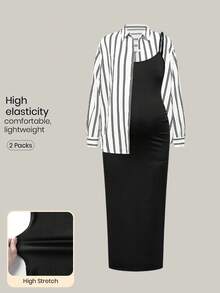 SHEIN Fall Clothes,Autumn Clothes,Maternity Autumn Clothes Maternity 2pcs Maternity Striped Long Sleeve Button-Down Shirt And Cami Dress Casual Set