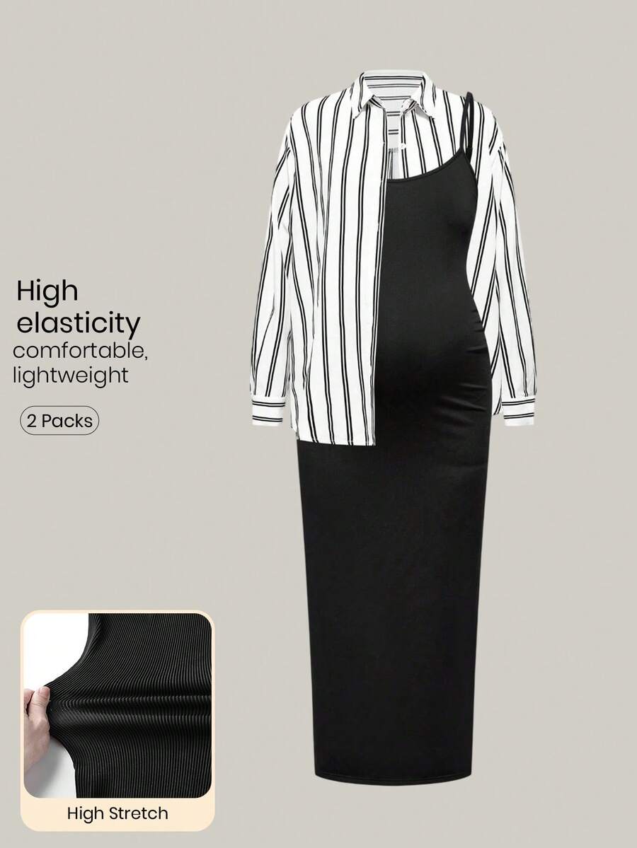 SHEIN Fall Clothes,Autumn Clothes,Maternity Autumn Clothes Maternity 2pcs Maternity Striped Long Sleeve Button-Down Shirt And Cami Dress Casual Set