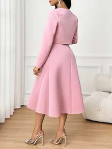 SHEIN Lady 女士粉色长袖开襟外套和吊带连衣裙，优雅外套 - 粉色 - 查看 2