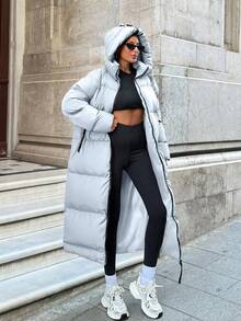 EURMUSE Contrast Zip And Puller Detailed, Keep Warming Feature Long Line Puffer Winter Coat - Baby Blue - View 4