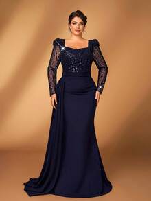 Serin Đầm dạ hội cỡ lớn sang trọng, thanh lịch màu xanh navy, đính sequin, thêu họa tiết, cổ bất đối xứng, tay dài, xếp ly, vạt áo kiểu đuôi cá, thích hợp cho tiệc tối, tiệc độc thân, hẹn hò, dạ hội, kỳ nghỉ, đám cưới, mẹ cô dâu, khách mời, ngày Valentine. - Màu xanh hải quân - Xem 10